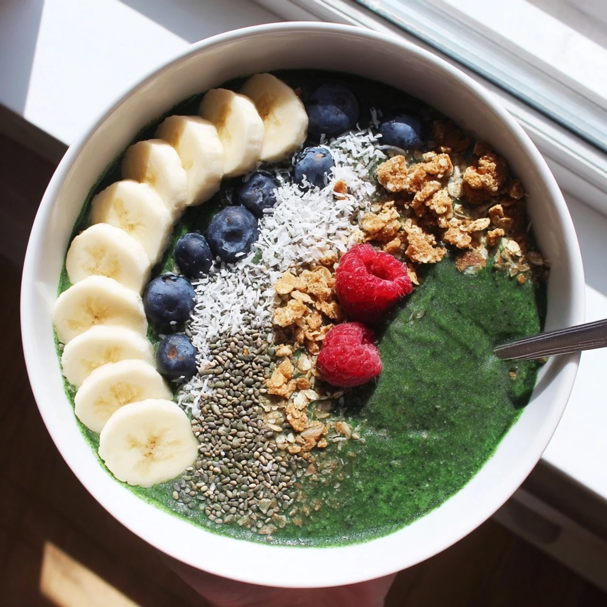 Green Smoothie Bowl With Spirulina, Banana & Hemp Seeds, vibrant emerald green creamy breakfast