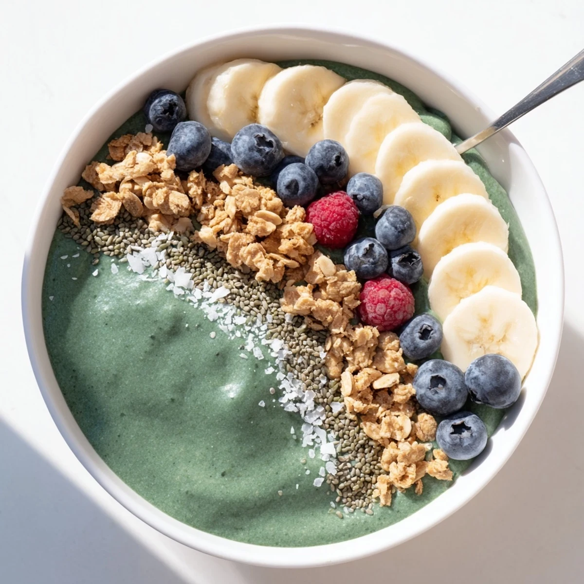Green Smoothie Bowl With Spirulina, Banana & Hemp Seeds garnished with fresh berries