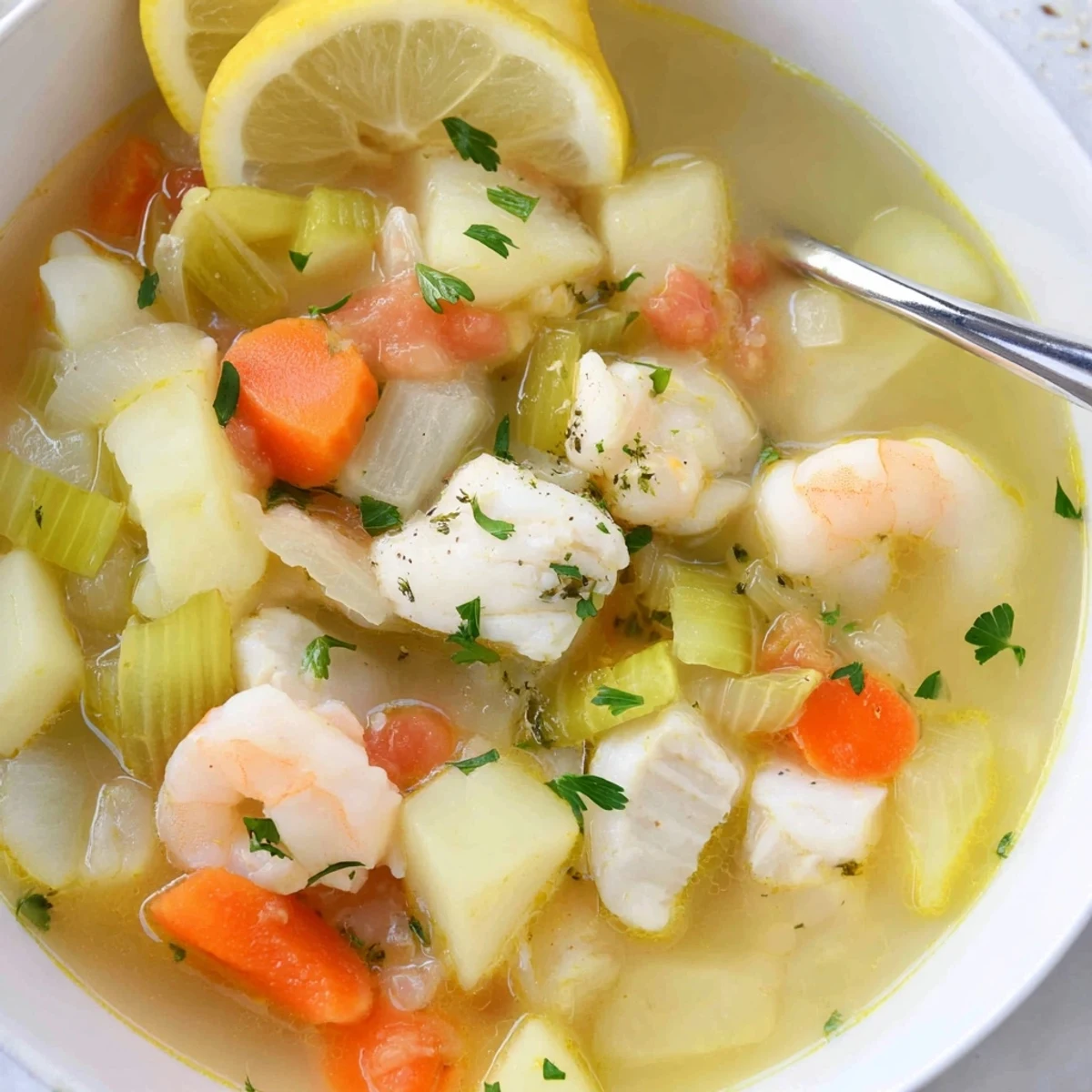Fish Soup steaming in a bowl with parsley garnish and lemon wedges