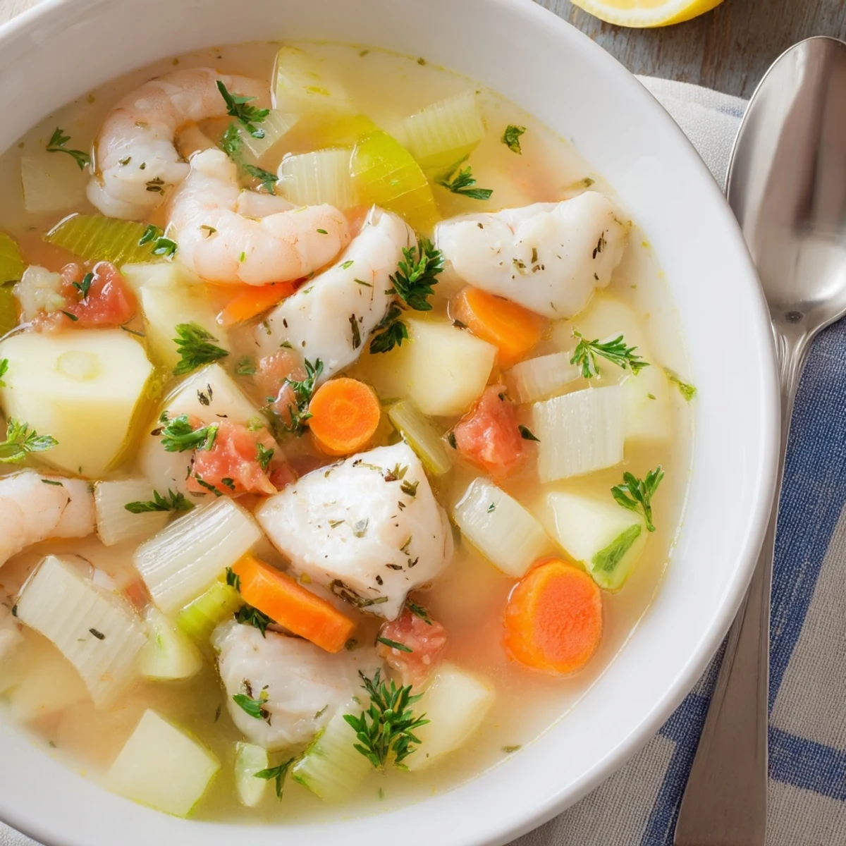 Hearty Fish Soup with flaky cod, potatoes, and crusty bread
