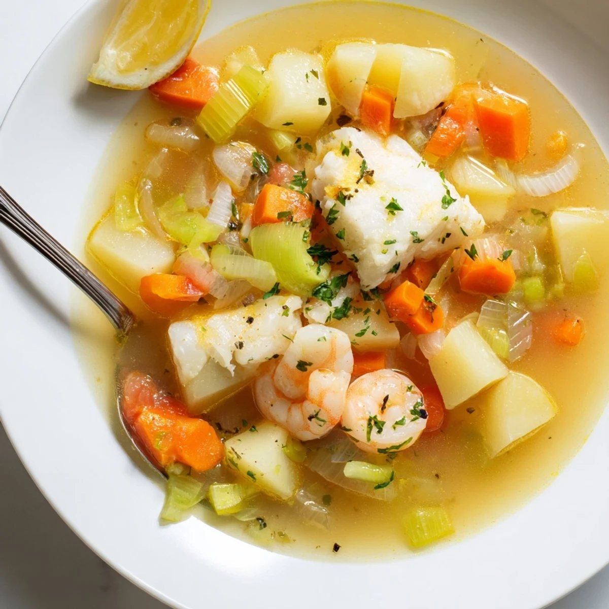 Ladle of Fish Soup steaming, aromatic thyme and tomato broth, lemon
