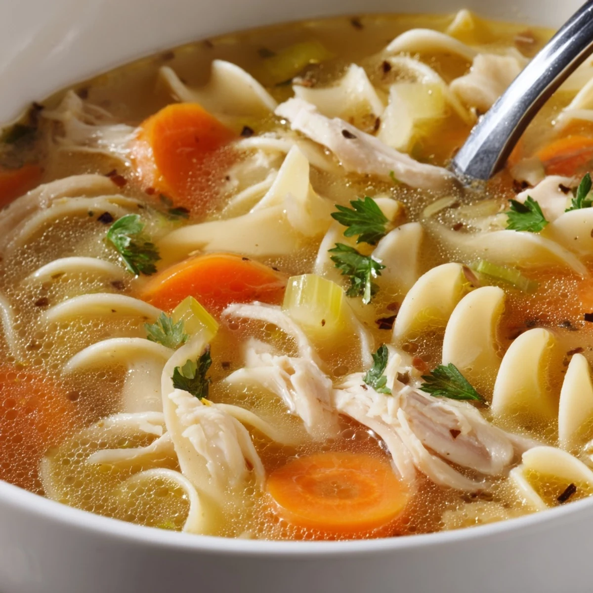Steaming Chicken Noodle Soup with tender shredded chicken, carrots, and egg noodles