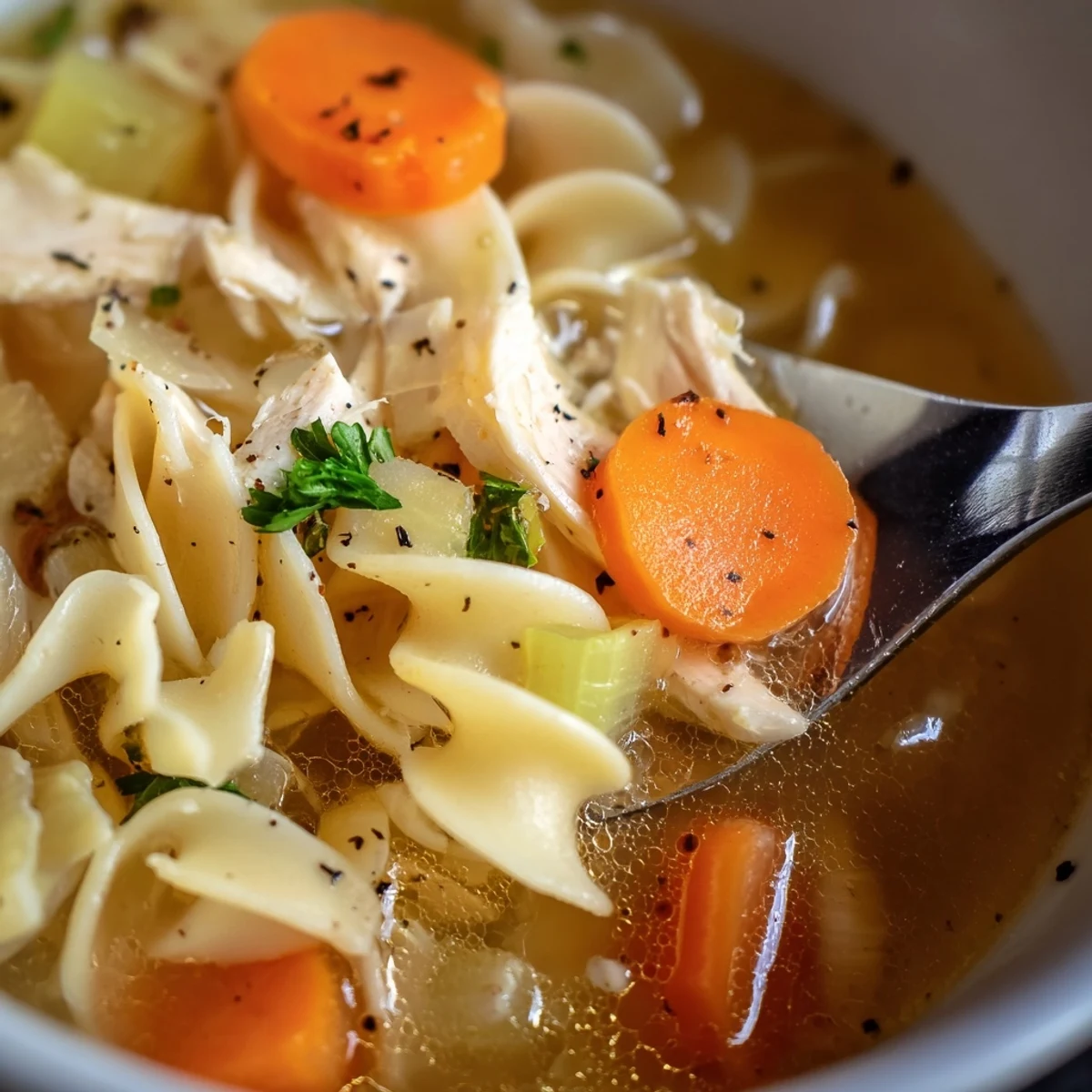 Homestyle Chicken Noodle Soup ladled into bowl, savory broth and parsley garnish