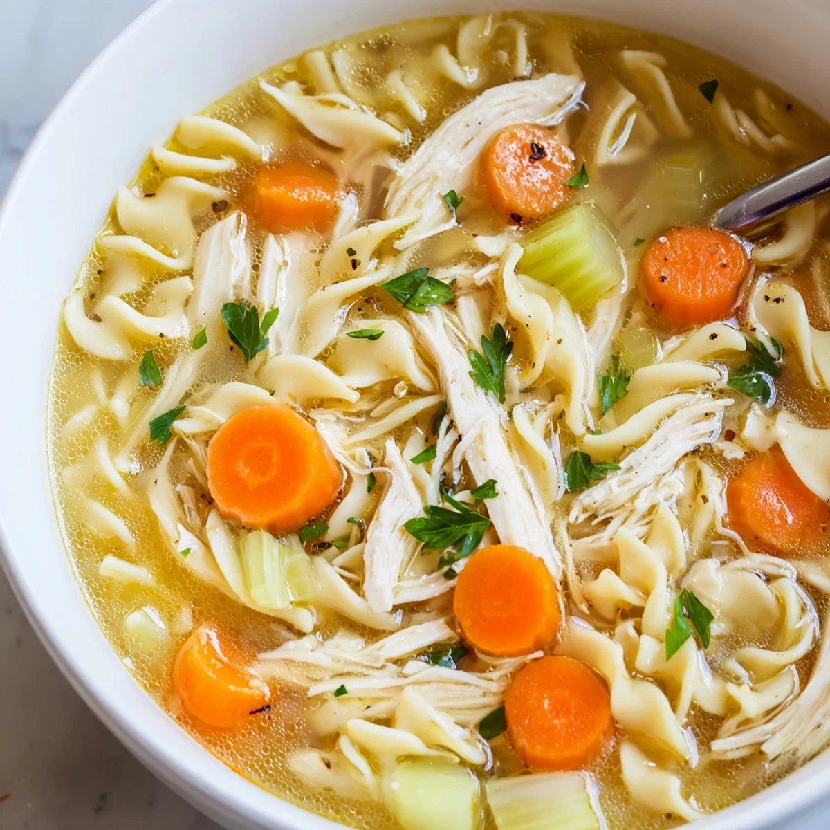 Warm Chicken Noodle Soup simmered to perfection, served hot with crusty bread