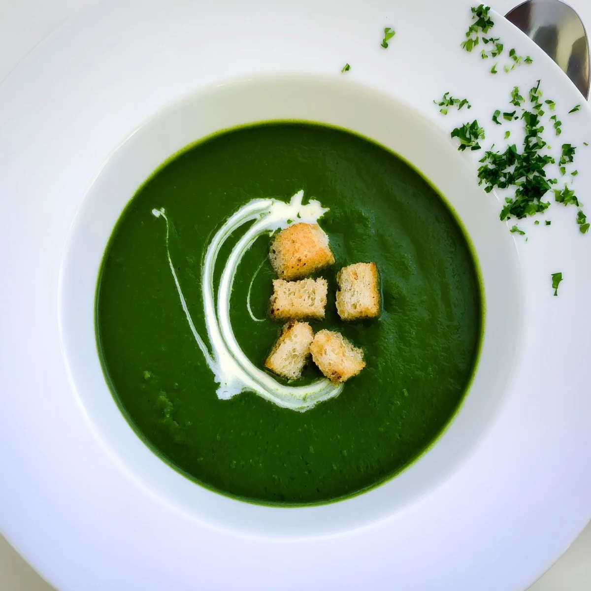 Steaming Spinach Soup in a white bowl, silky green with cream swirl.  
