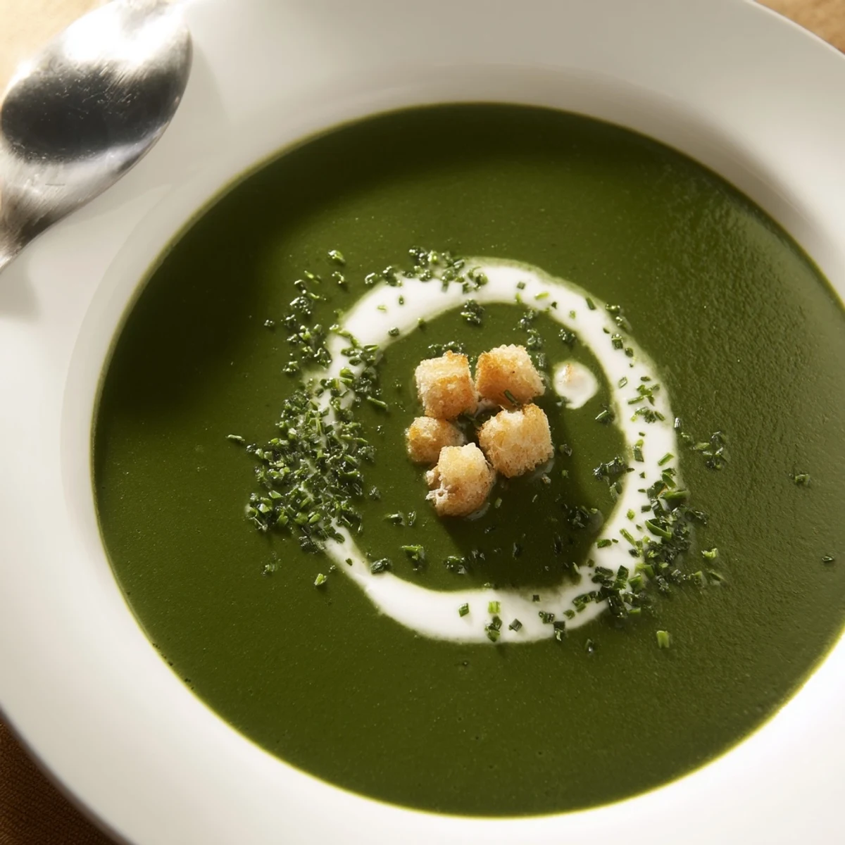 Rustic ladle of Spinach Soup garnished with crunchy croutons and chives.  