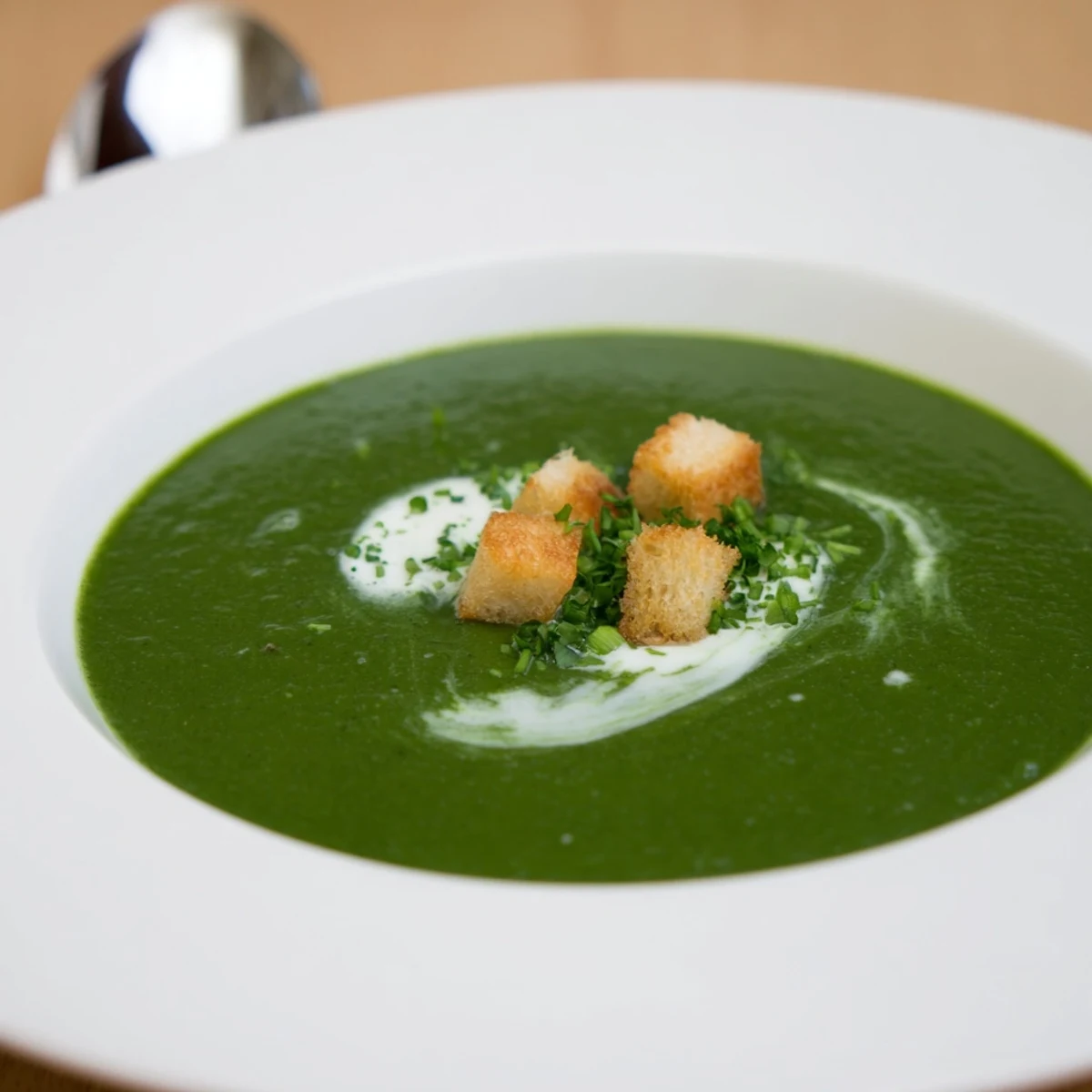 Velvety Spinach Soup steaming, bright green, paired with crusty bread slice.