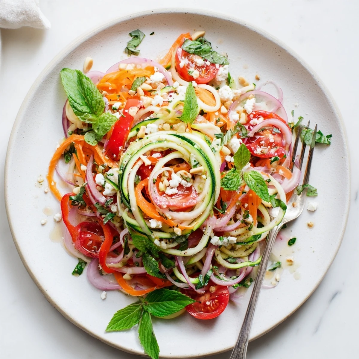 Colorful bowl of refreshing zucchini noodle salad delight with cherry tomatoes and citrus dressing