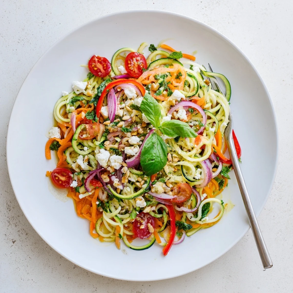 Light and healthy refreshing zucchini noodle salad delight topped with fresh herbs and crumbled feta