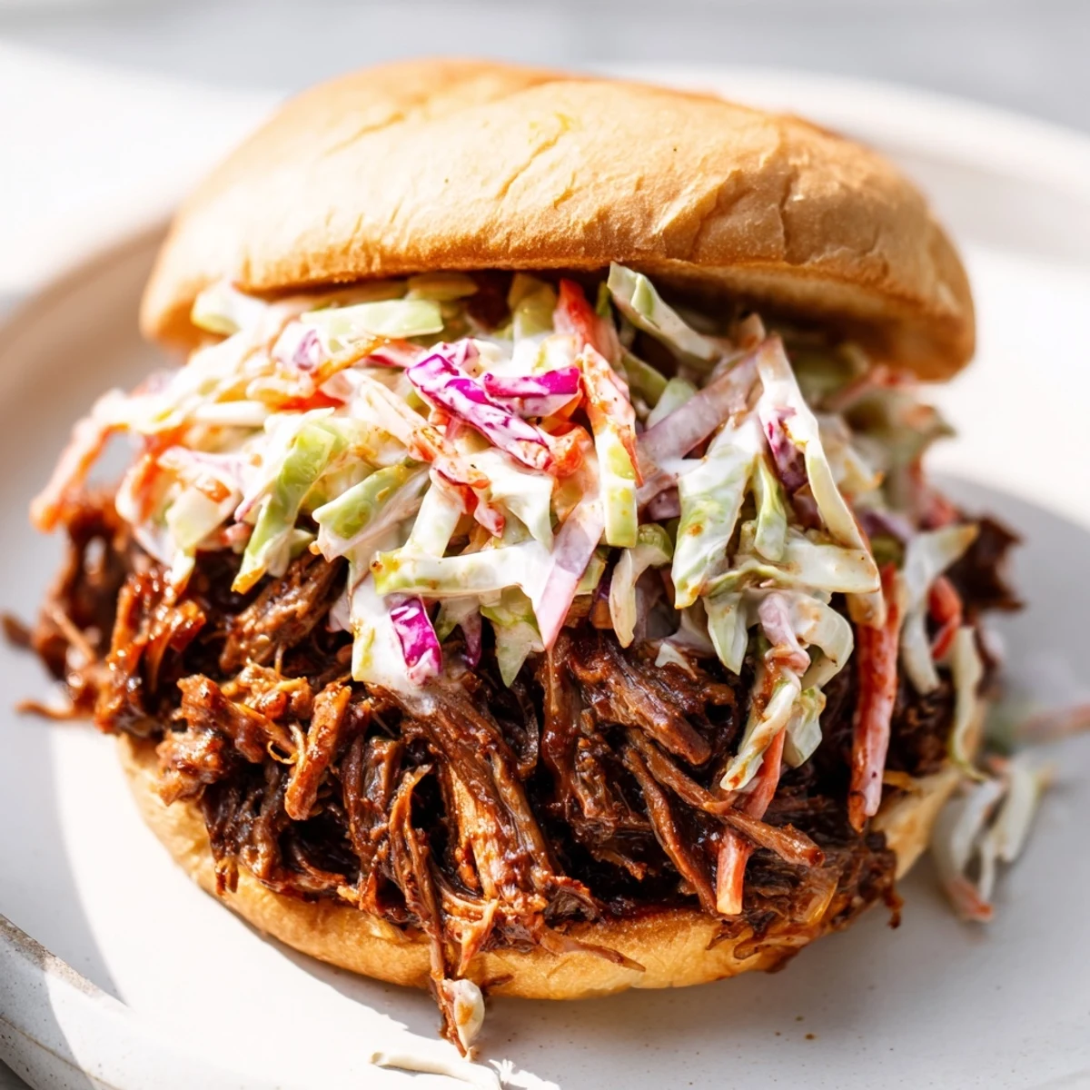 Piled high with tender shredded BBQ beef and crisp colorful coleslaw on toasted buns