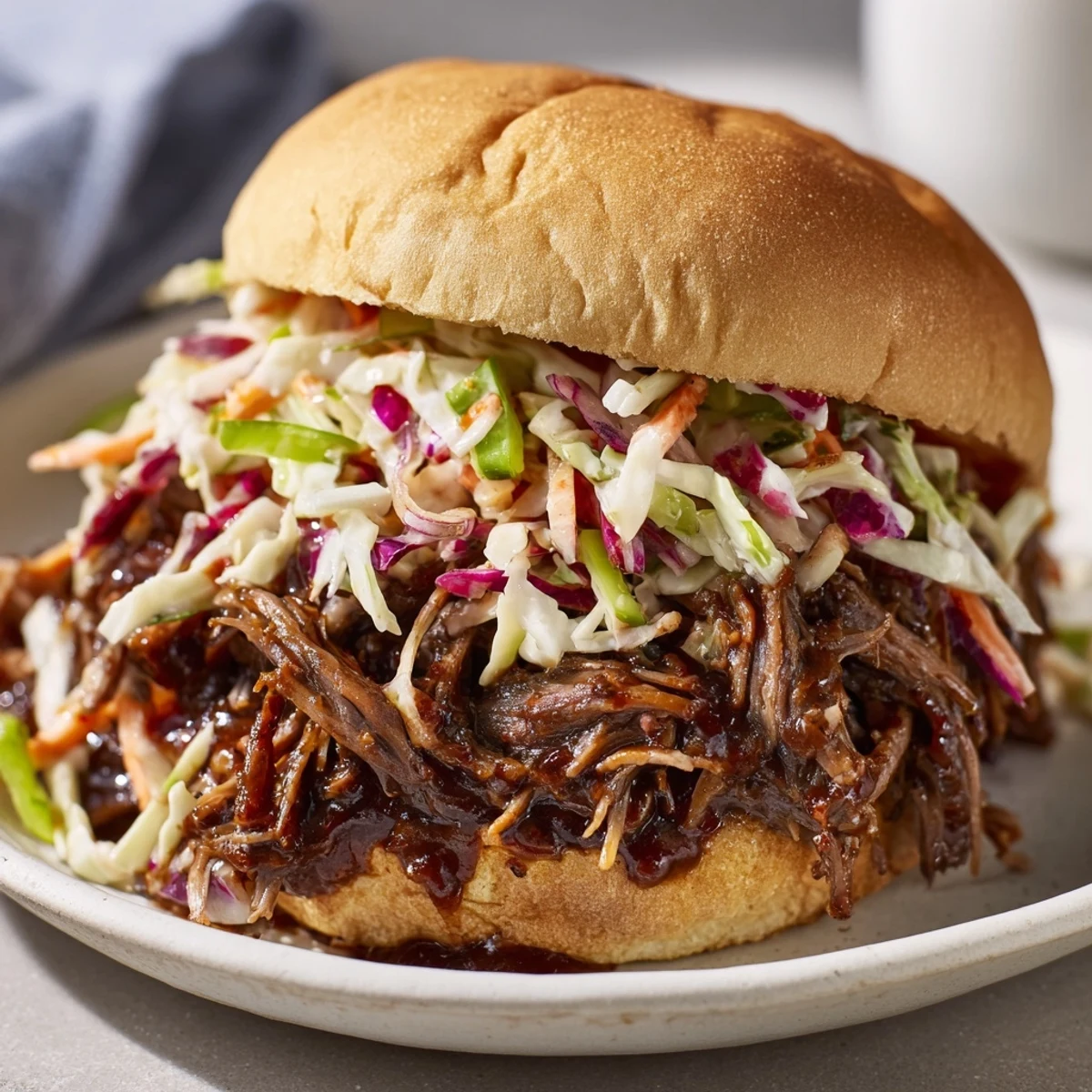 Smoky BBQ beef sandwiches topped with crunchy tangy coleslaw for perfect texture contrast