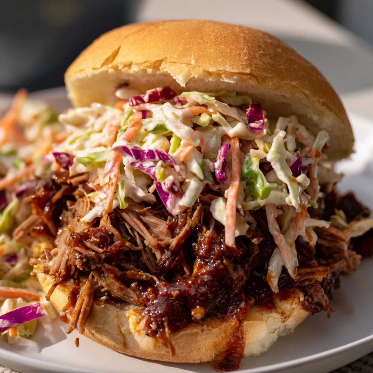 Hearty BBQ beef sandwiches loaded with meaty shreds and fresh vegetable coleslaw topping