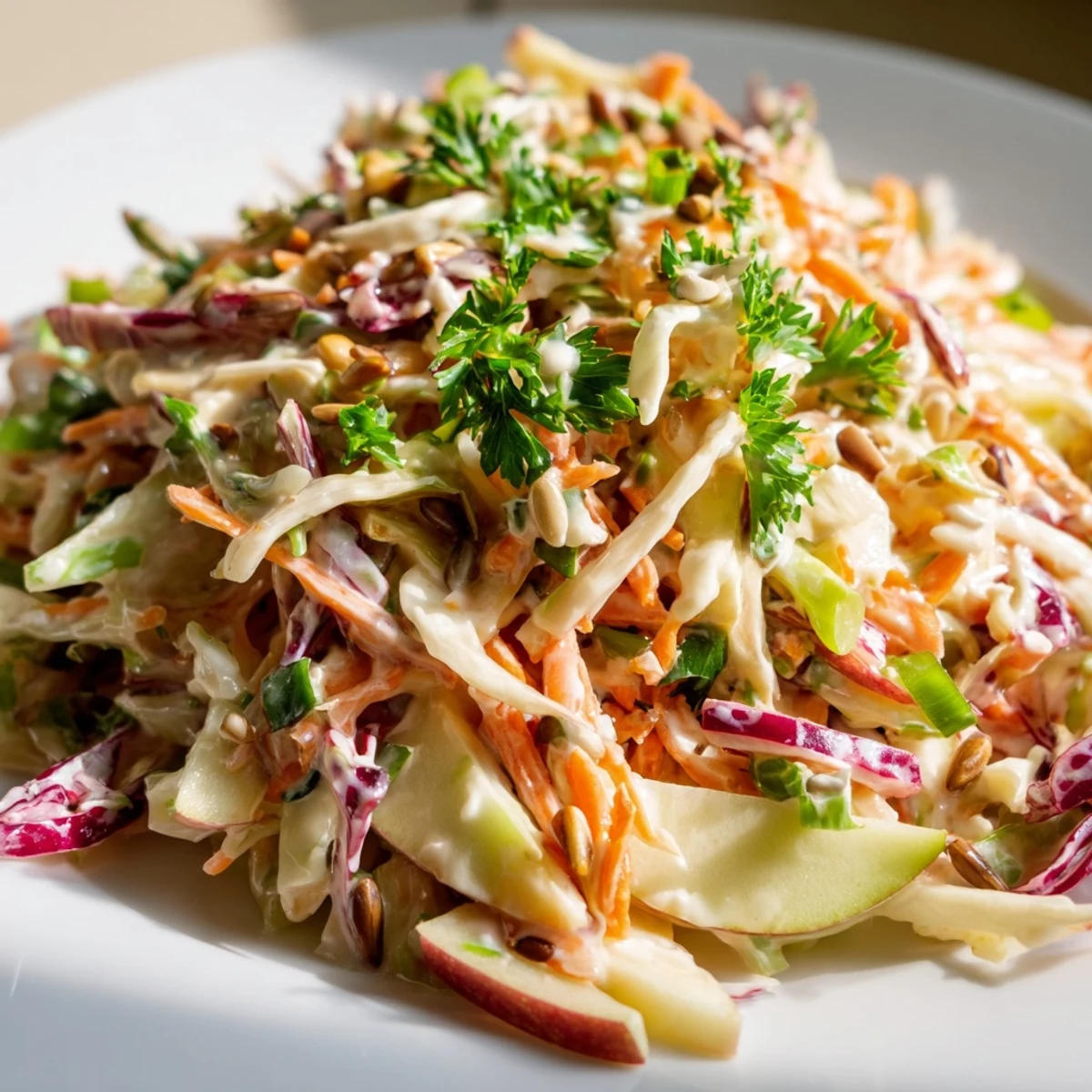 Crisp apple coleslaw topped with green onions and toasted sunflower seeds on a rustic wooden table