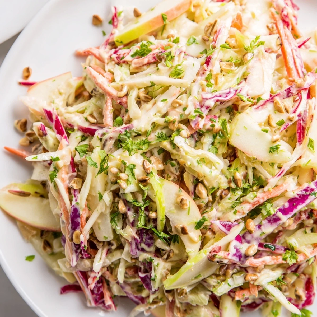 Fresh apple coleslaw with shredded green and red cabbage in a white serving bowl