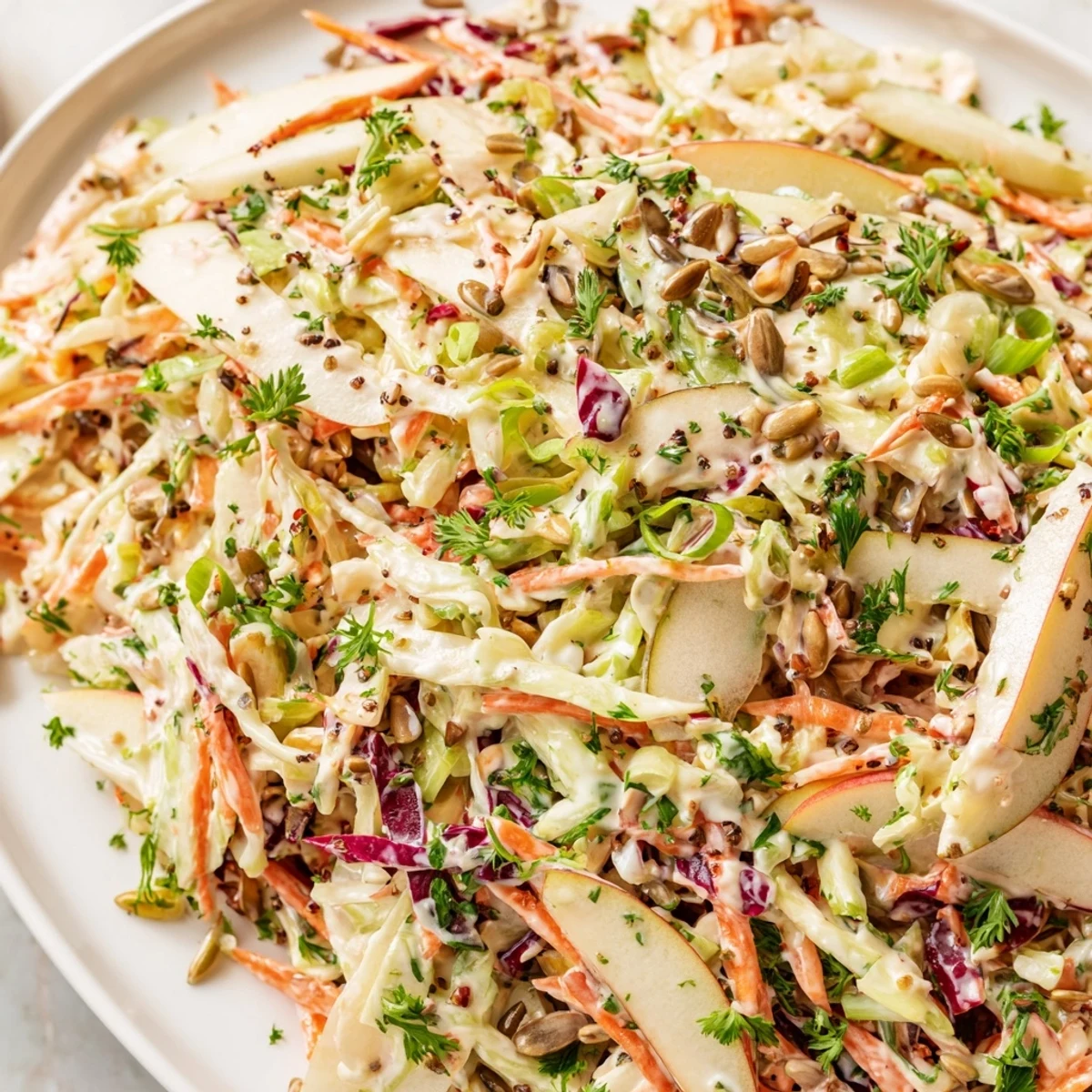 Vibrant apple coleslaw with grated carrot and creamy honey-mustard dressing, garnished with fresh parsley