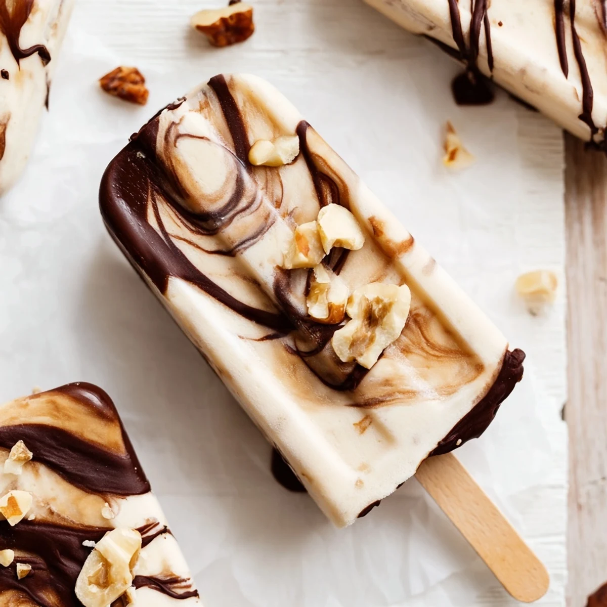 Creamy chocolate banana bliss popsicles with marbled swirls on wooden sticks