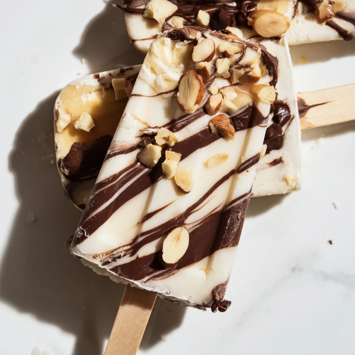 Frozen chocolate banana bliss popsicles drizzled with melted dark chocolate ribbons