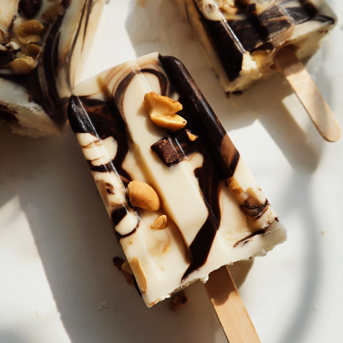 Homemade chocolate banana bliss popsicles featuring rich banana base with chocolate swirls