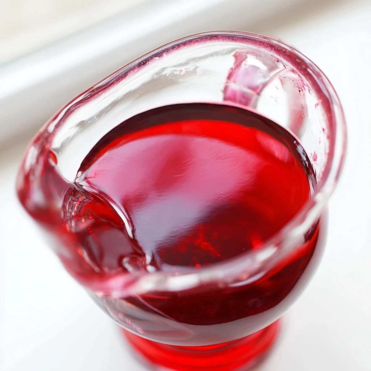 Glass jar of ruby red cranberry syrup drizzling over fluffy stack of pancakes