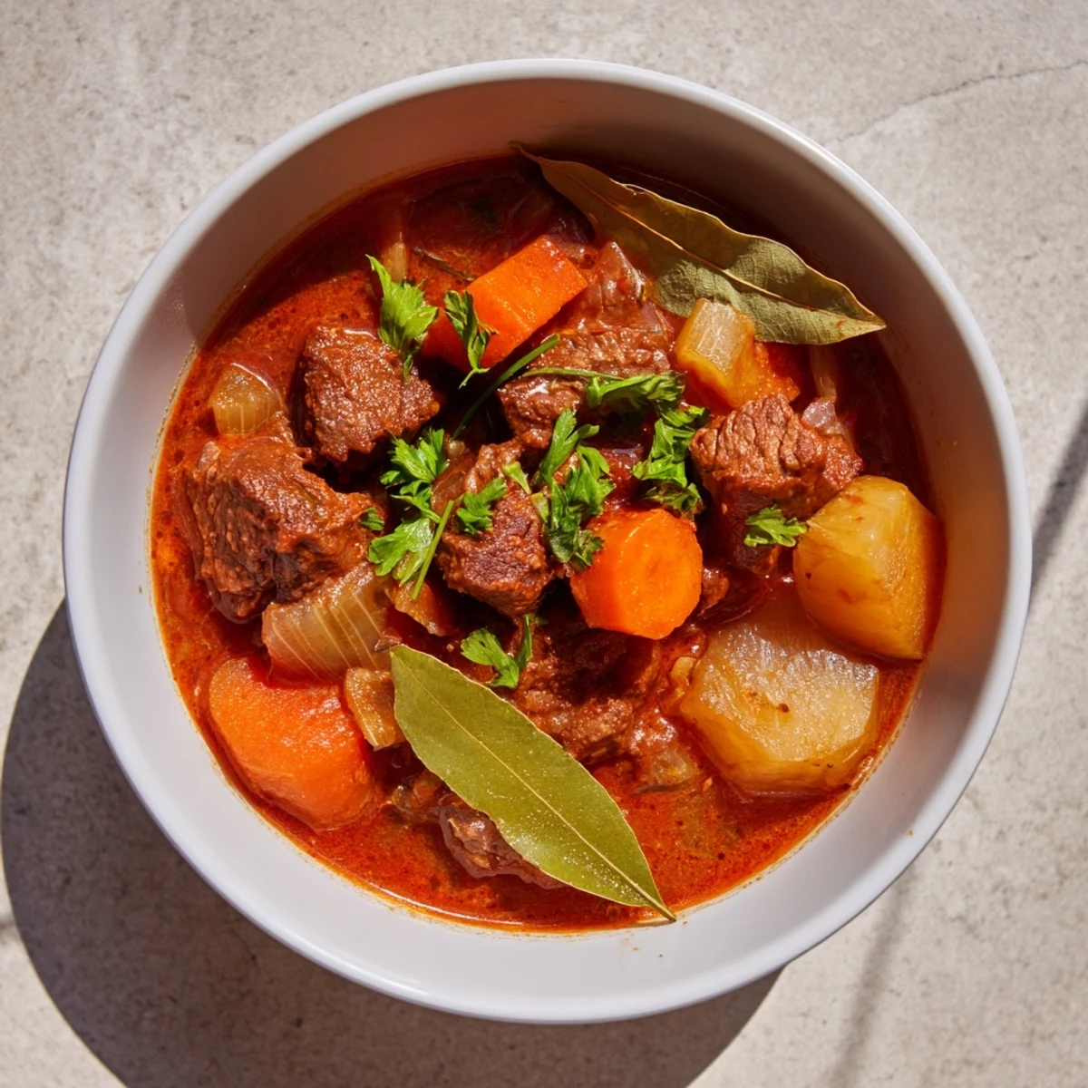 Rustic Italian beef stew bubbling in a cast iron pot with tender chunks of beef and vegetables