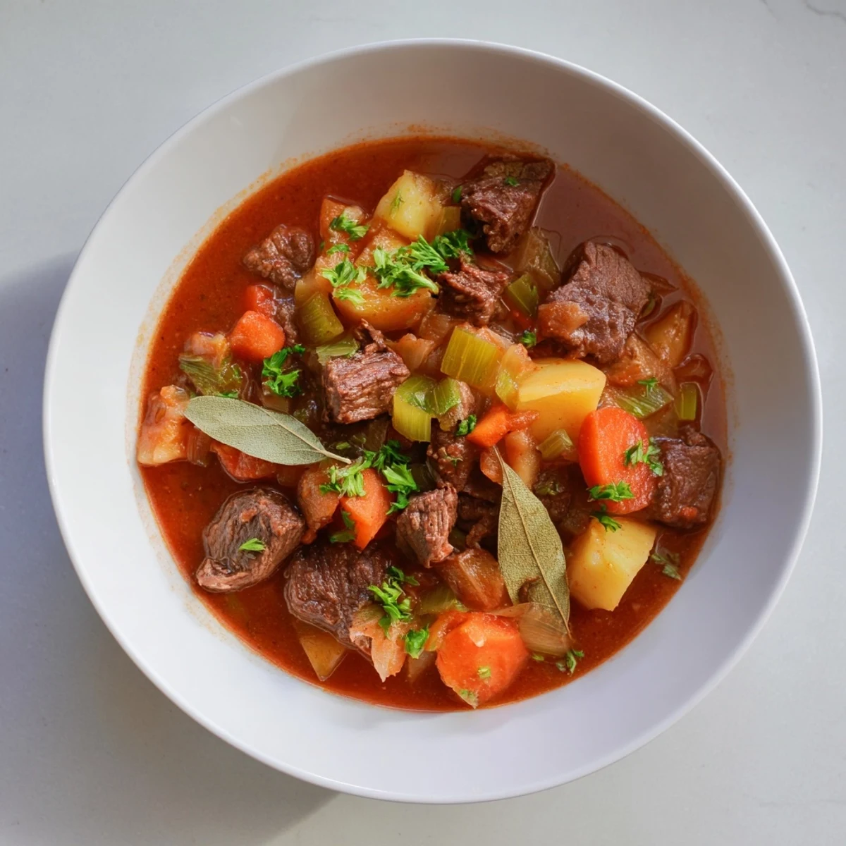 Hearty Spezzatino Di Manzo served in a shallow bowl garnished with fresh parsley and crusty bread