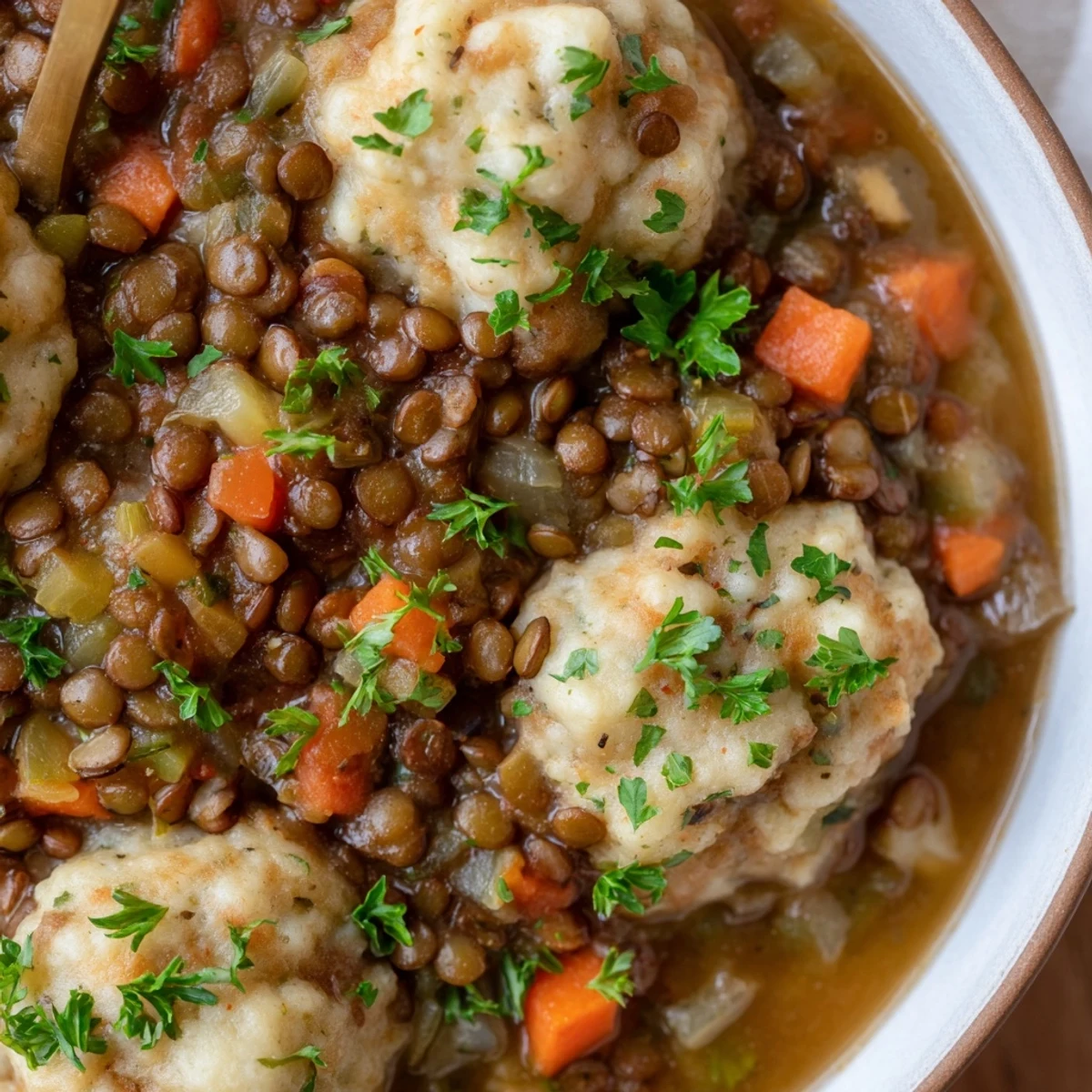 Fluffy parsley dumplings simmered tender in savory lentils with dumplings stew garnished with fresh herbs