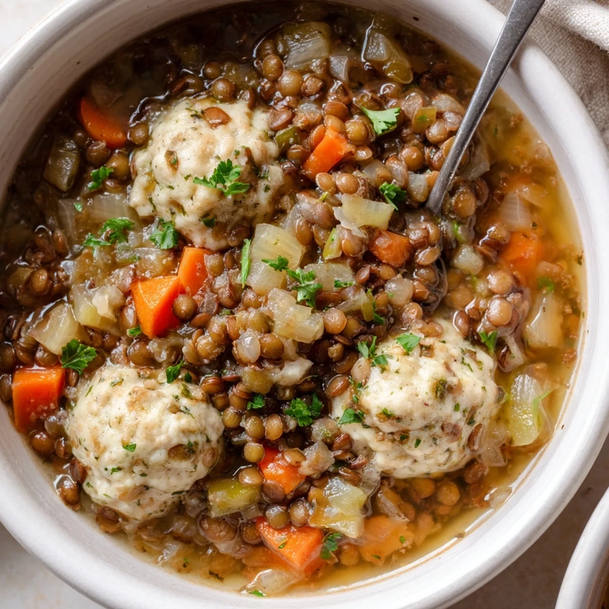 Golden brown dumplings float atop a hearty bowl of lentils with dumplings stew in a rustic ceramic bowl