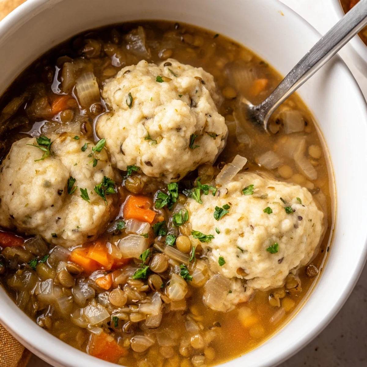 Comforting lentils with dumplings served steaming hot with crusty bread on a wooden dining table