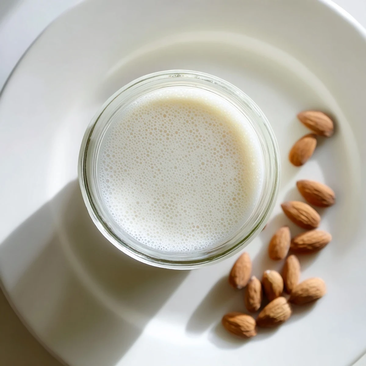 Glass jar filled with creamy homemade almond milk beside raw almonds and blender