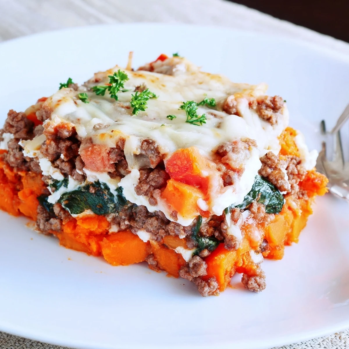 Bubbly Cottage Cheese Ground Beef And Sweet Potato Casserole, golden cheese crust  