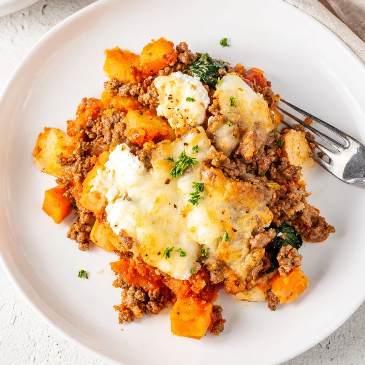 Creamy Cottage Cheese Ground Beef And Sweet Potato Casserole layered in a baking dish