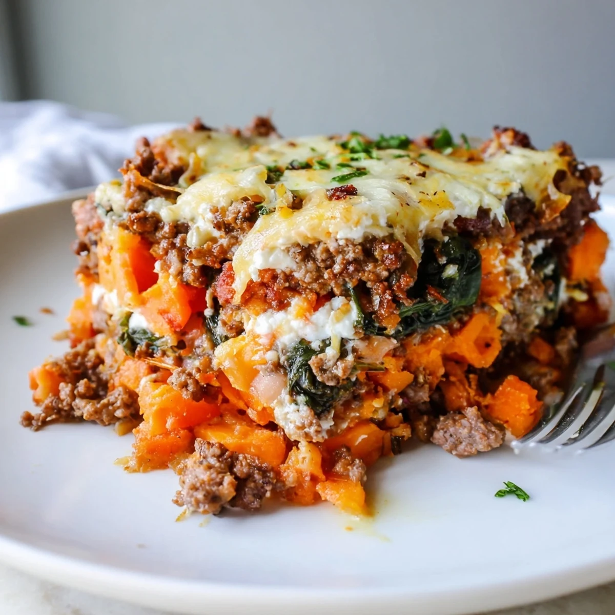 Hearty Cottage Cheese Ground Beef And Sweet Potato Casserole served warm with parsley  