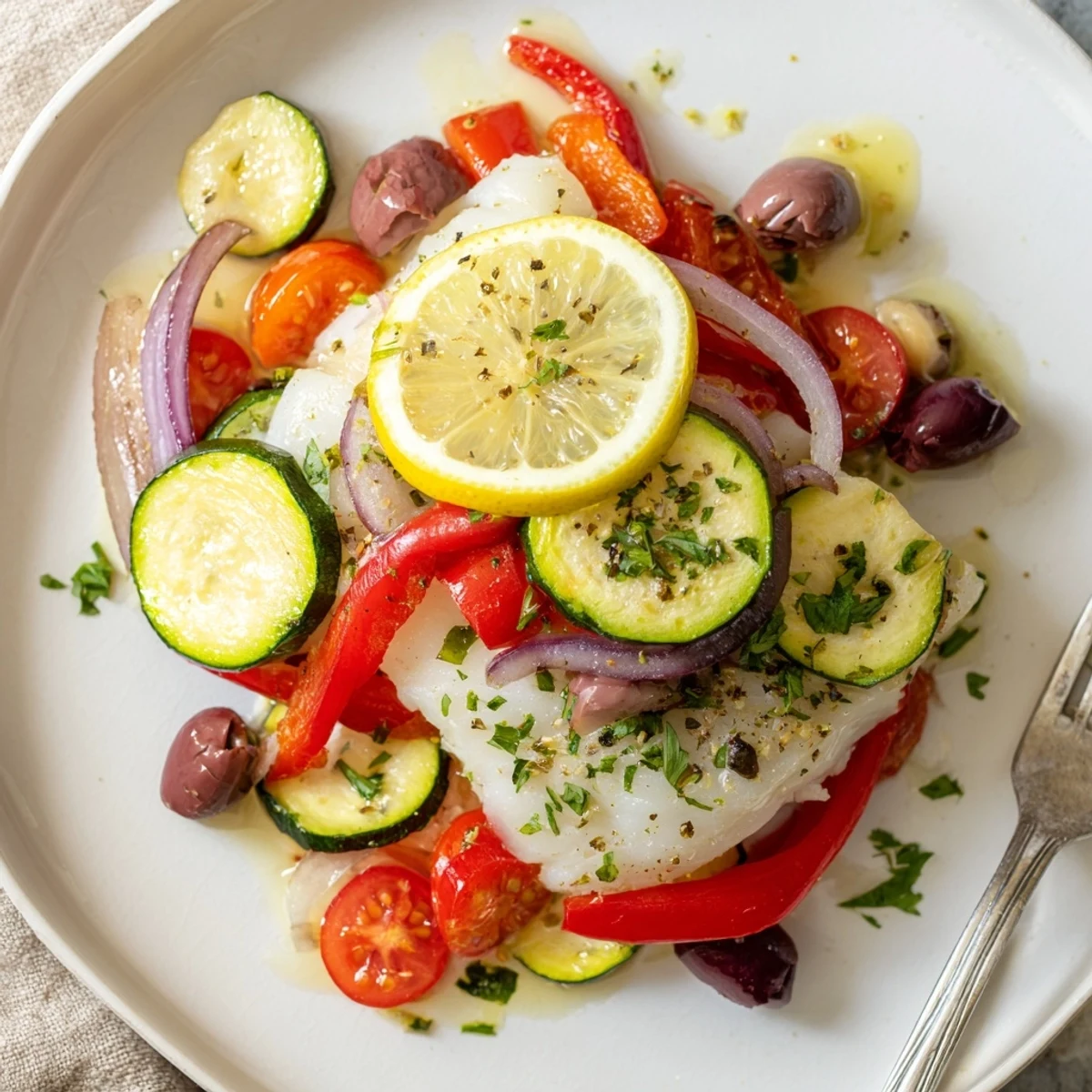Air Fryer Mediterranean Cod In Parchment Paper steaming with roasted cherry tomatoes  