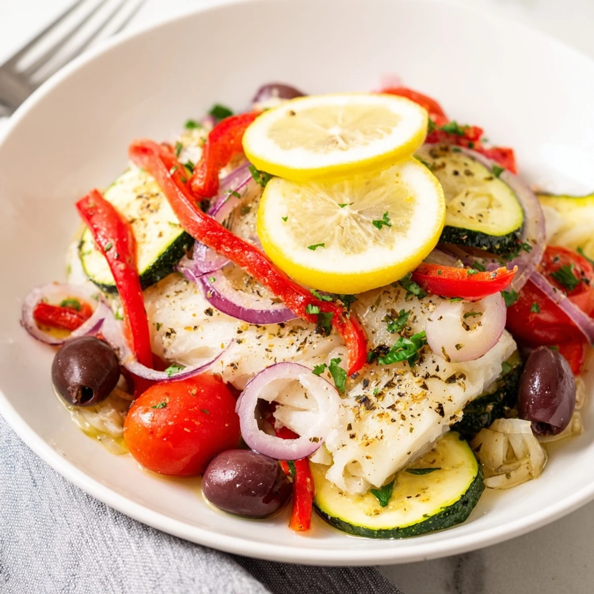 Bright Air Fryer Mediterranean Cod In Parchment Paper nestled on lemon slices  