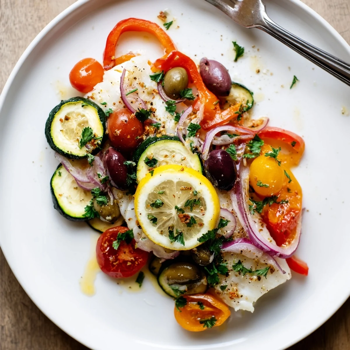 Herb-scented Air Fryer Mediterranean Cod In Parchment Paper served straight from fryer