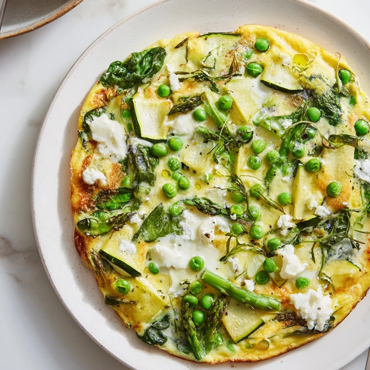 Warm Spring Vegetable Frittata With Goat Cheese served in skillet, creamy, fluffy center