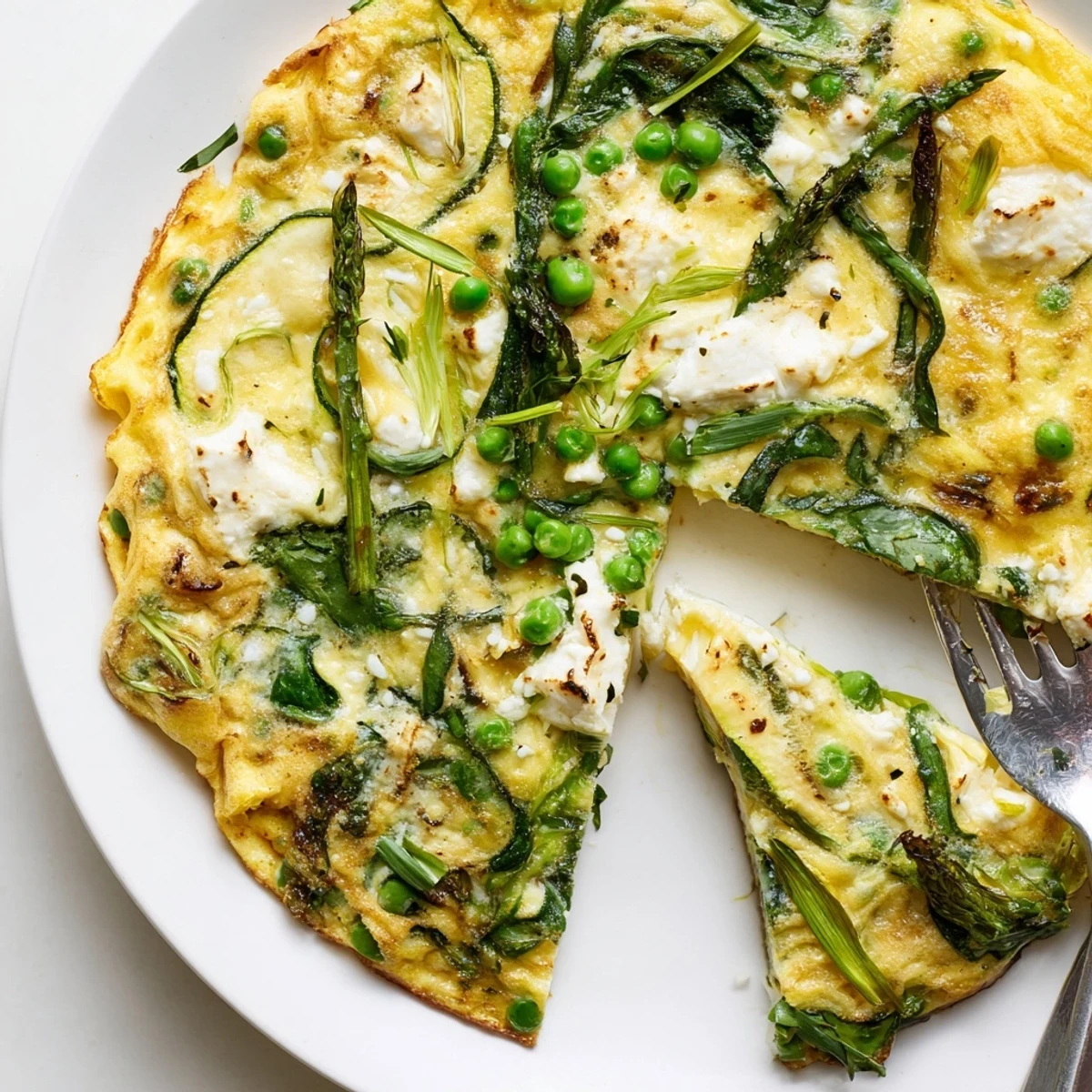 Slices of Spring Vegetable Frittata With Goat Cheese on rustic plate, herb-flecked