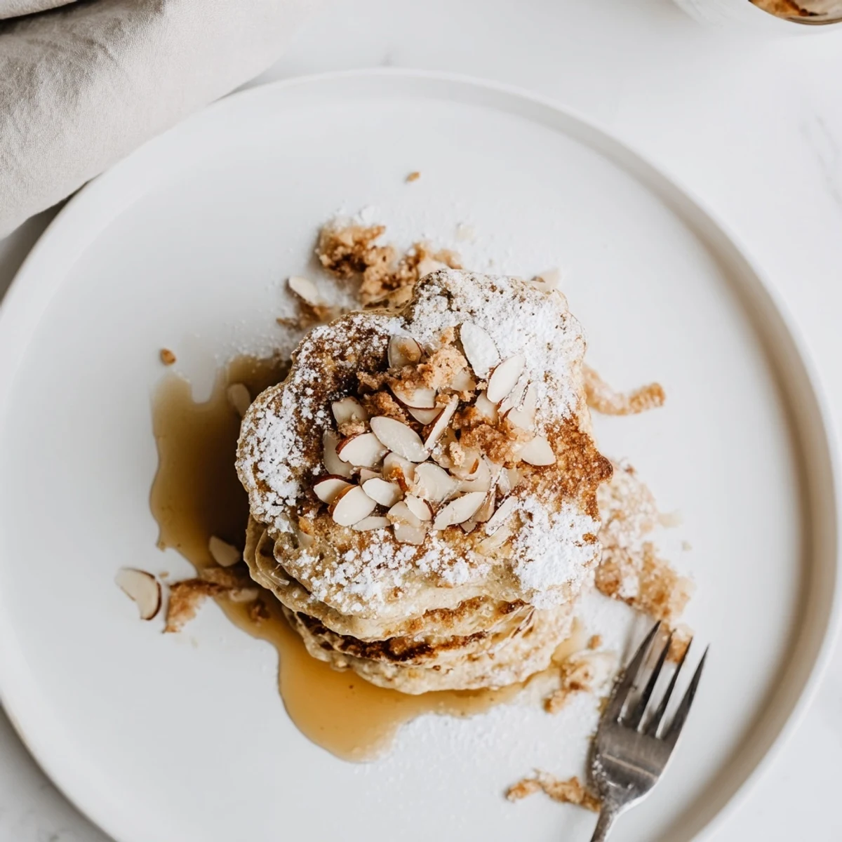 Fluffy almond croissant protein pancakes stacked high with powdered sugar and toasted almond slices