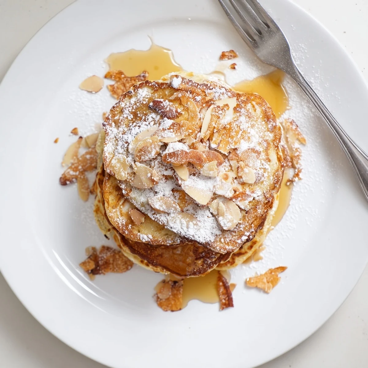 Golden almond croissant protein pancakes drizzled with maple syrup on a white breakfast plate