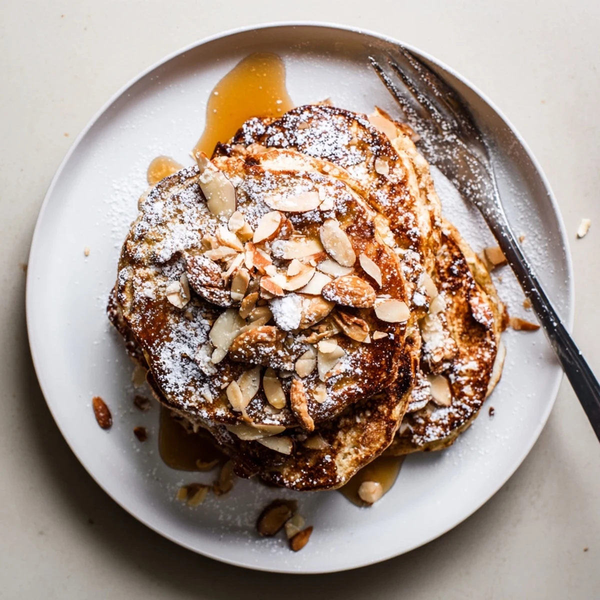 Tall stack of almond croissant protein pancakes topped with crispy croissant crumbs and almonds