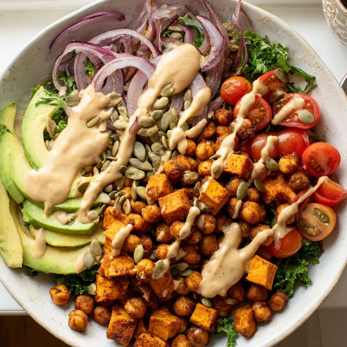 Golden roasted sweet potato chickpea bowl drizzled with creamy tahini dressing on fresh greens