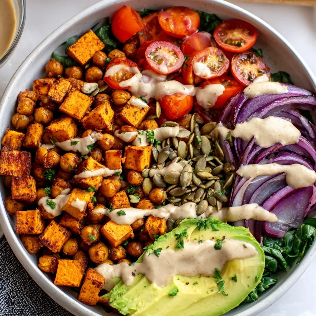 Colorful sweet potato chickpea bowl topped with sliced avocado and zesty lemon tahini sauce
