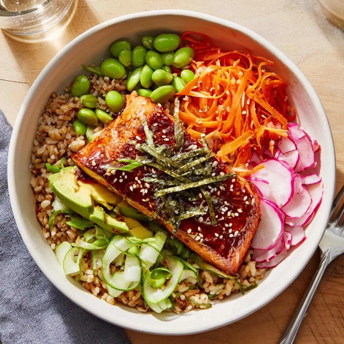 Golden miso salmon grain bowl topped with colorful fresh vegetables and sesame seeds