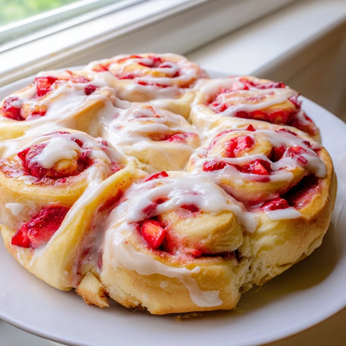 Golden strawberry cheesecake rolls drizzled with sweet vanilla glaze on a rustic plate