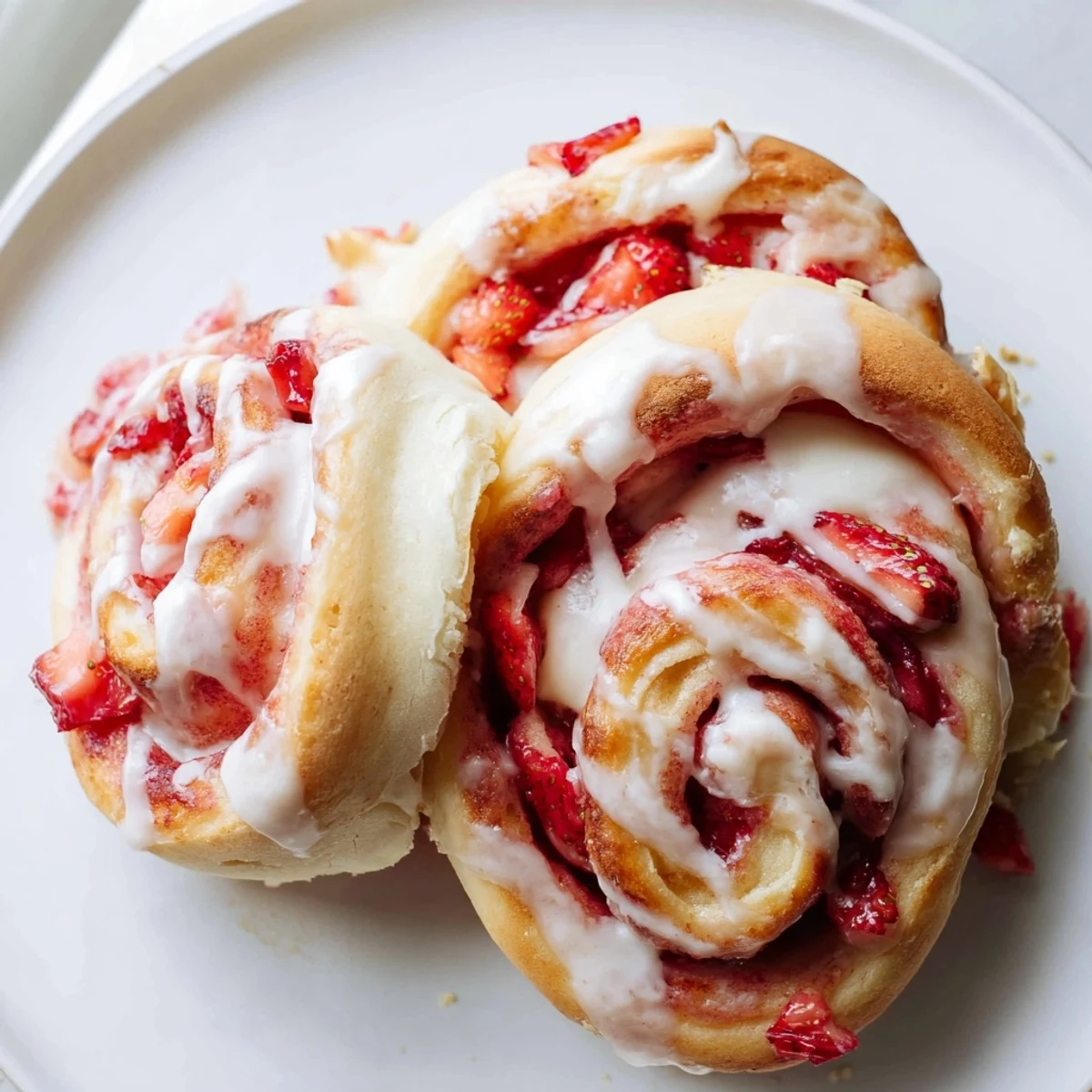 Soft baked rolls oozing creamy cheesecake filling and bright red strawberry pieces served warm