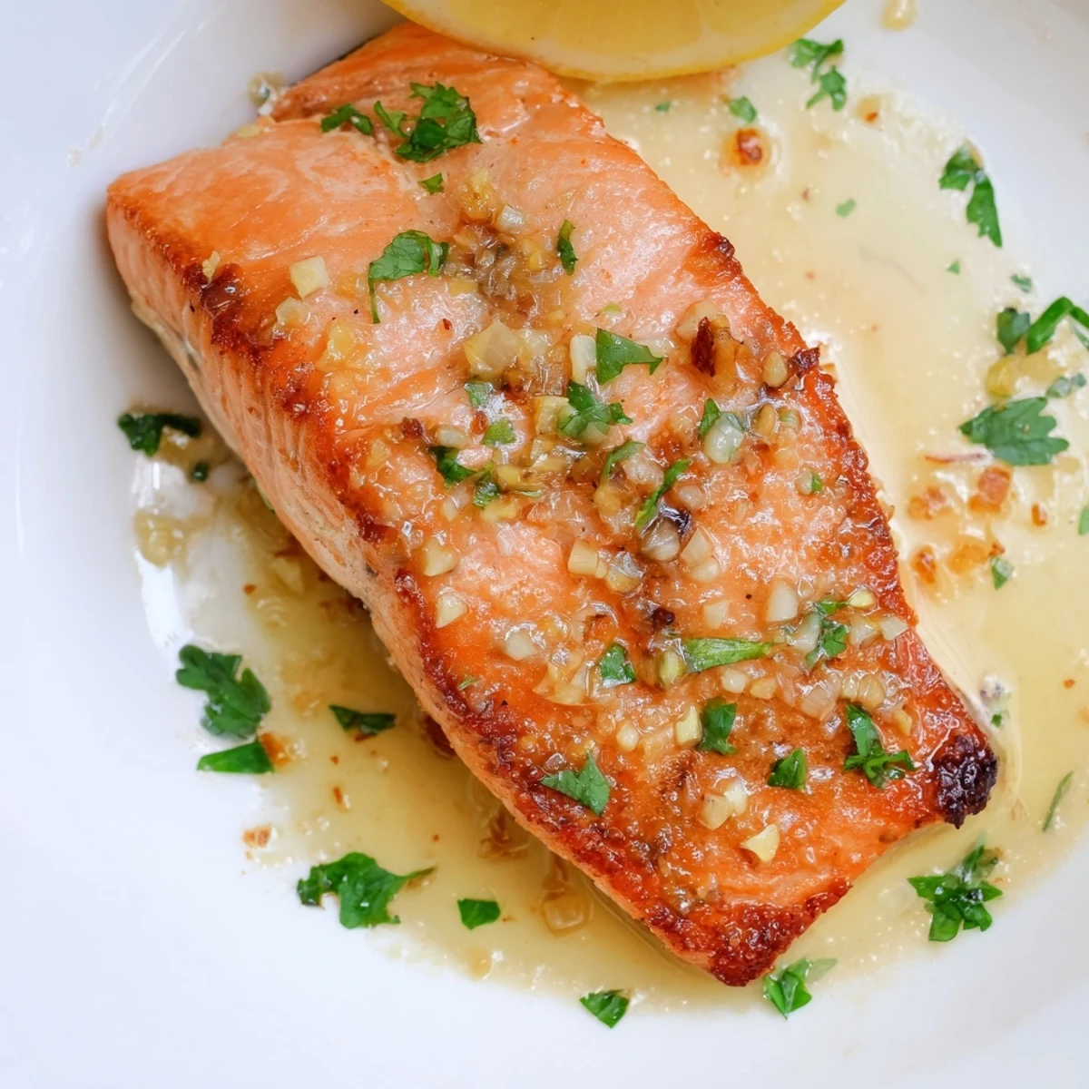 Golden pan-seared garlic butter salmon fillets glistening with melted herb butter