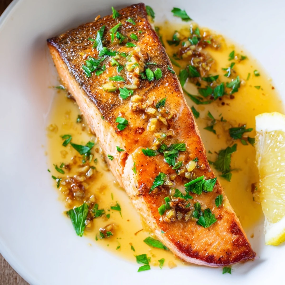 Crispy-skinned garlic butter salmon drizzled with zesty lemon parsley sauce