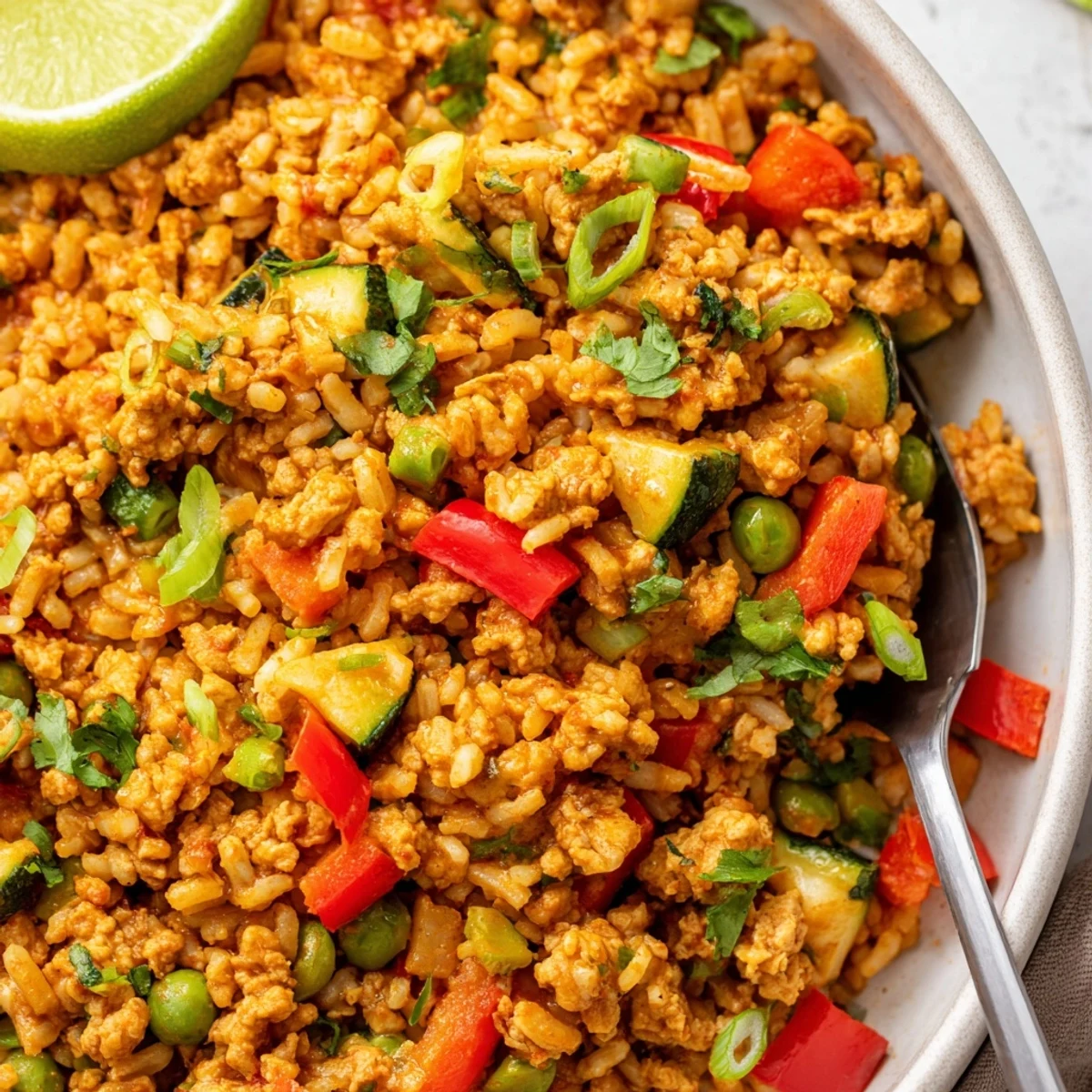 Warm spiced turkey rice bowls topped with colorful bell peppers and fresh cilantro