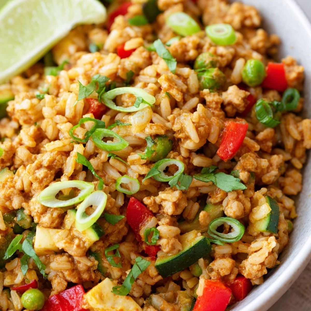 Golden seasoned ground turkey piled over white rice in a casual weeknight bowl