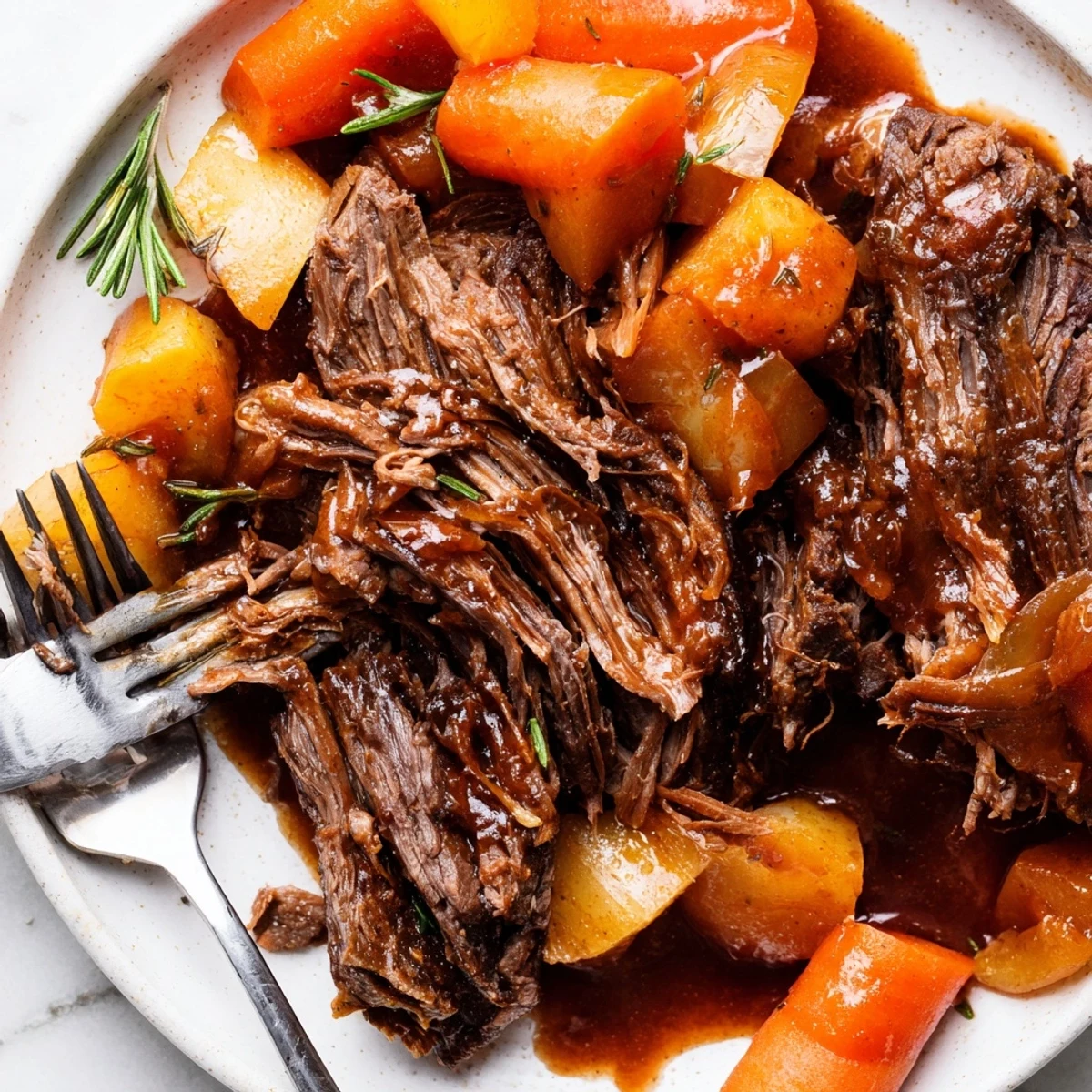 Perfect pot roast surrounded by tender carrots and onions in rich gravy